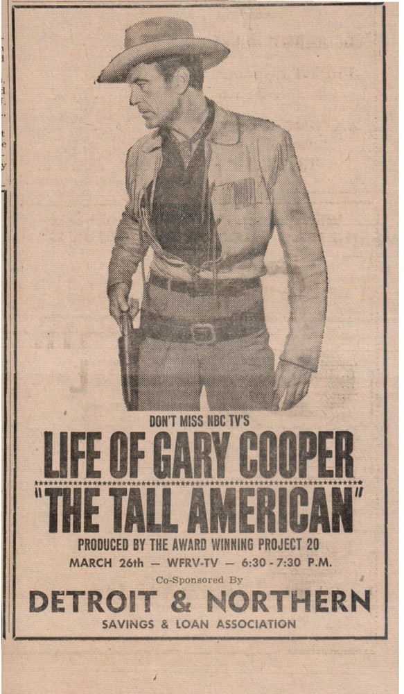 1963 Life of Gary Cooper “The Tall American” NBC TV clipped newspaper ad 7.5x4”
