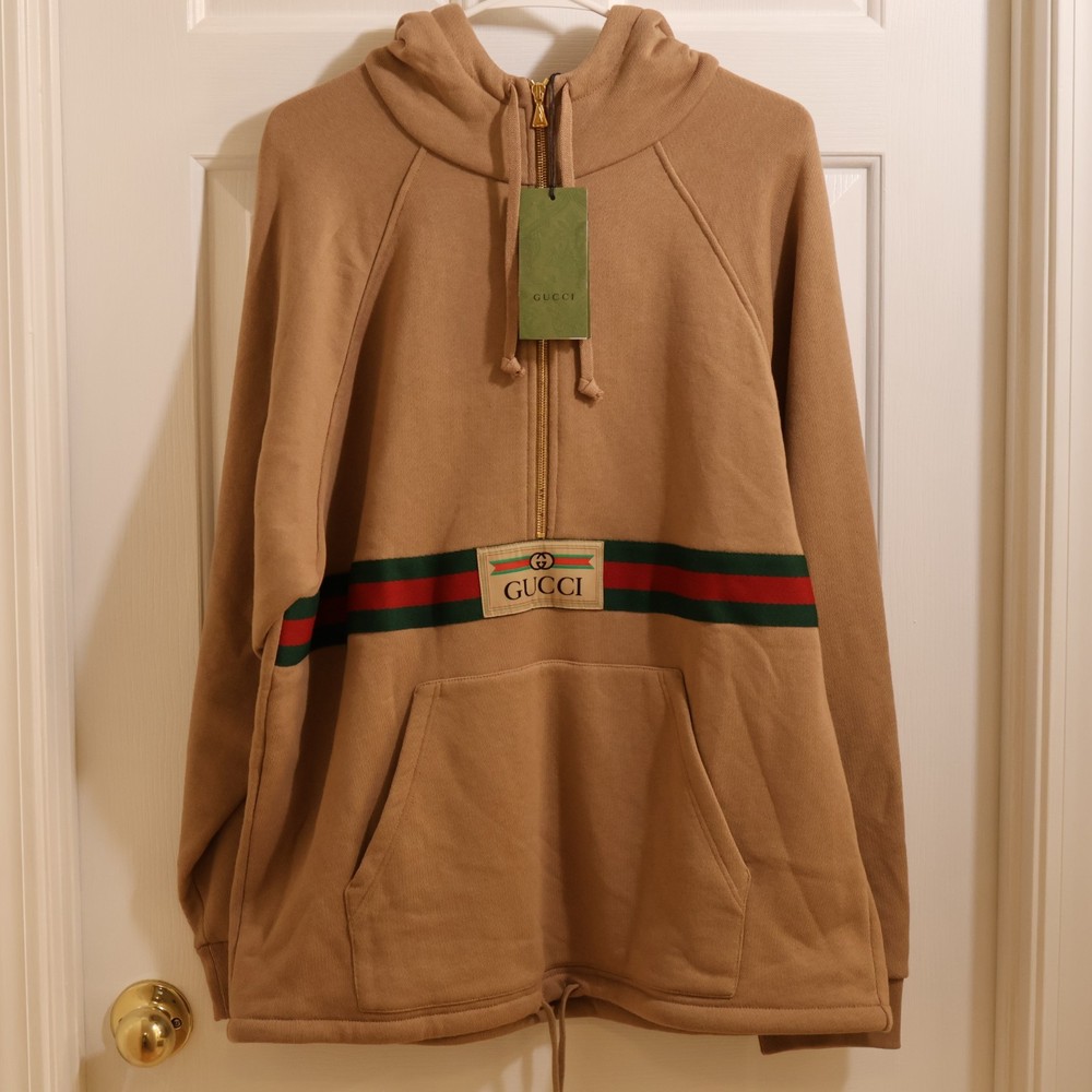 READ Gucci web accent beige GG green red stripe cotton hoodie sweater 2021 US M