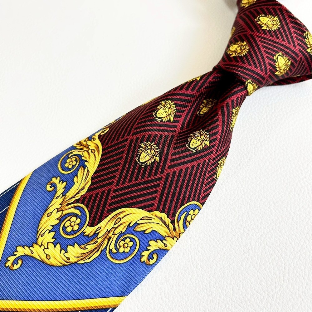 GIANNI VERSACE VINTAGE '90s MEDUSA BAROQUE STRIPED TIE FRUITS ITALY BLUE
