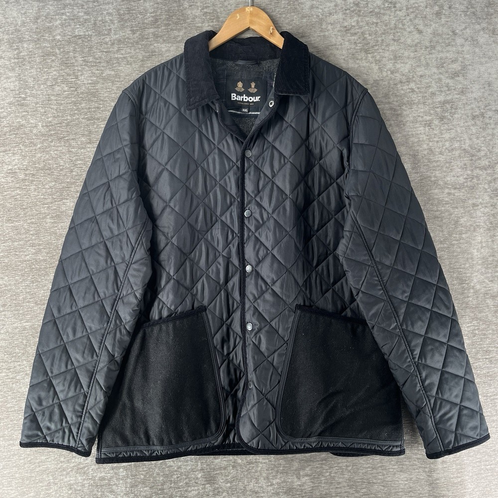 Barbour Tartan Quilted Jacket Solid Black Men’s Size 2XL Pockets Corduroy Collar