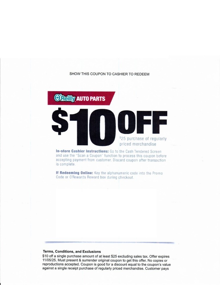 2 Oreillys  $10 off $25 coupon exp  4/5/26-image