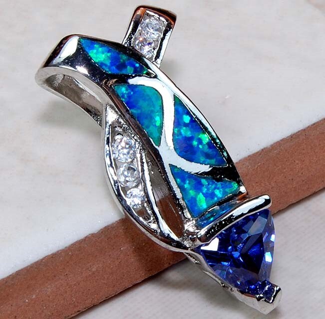 1CT Treated Blue Sapphire & Australian Opal 925 Sterling Silver Pendant EO1