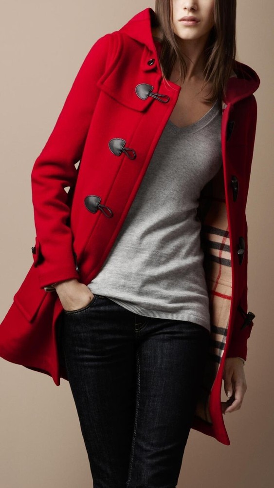 Burberry Cherry Red Black Hooded Duffle Coat in Sizes 8 and 10