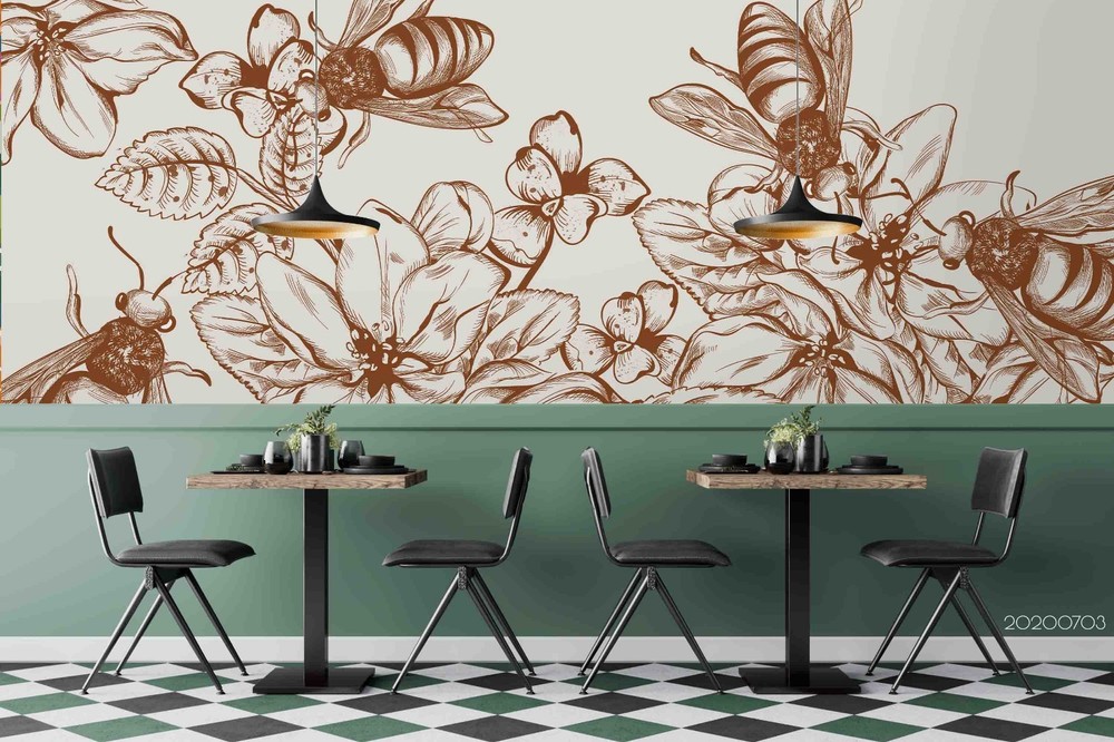 3D Hand-drawn Flowers Bee Wall Murals Wallpaper Murals Wall Sticker