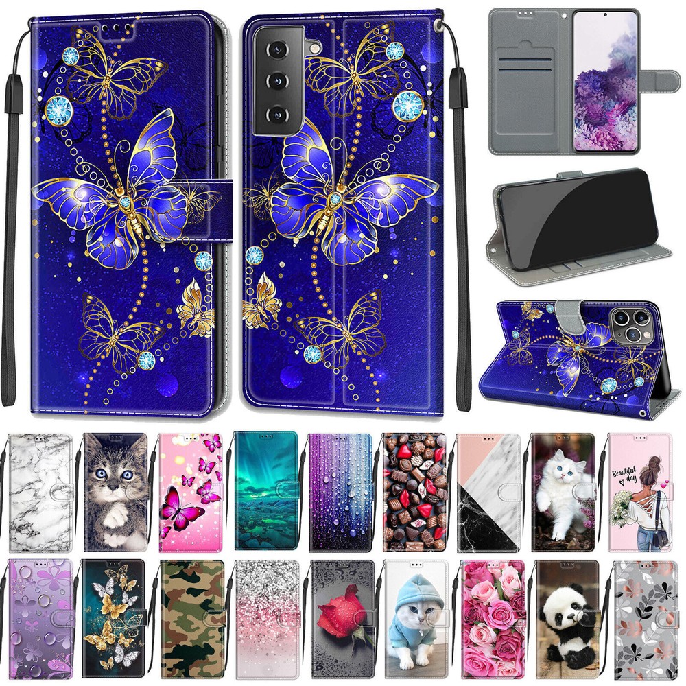 Butterfly Rose Cat Design Wallet Phone Case for Samsung Galaxy S7 to S21 FE Ultra