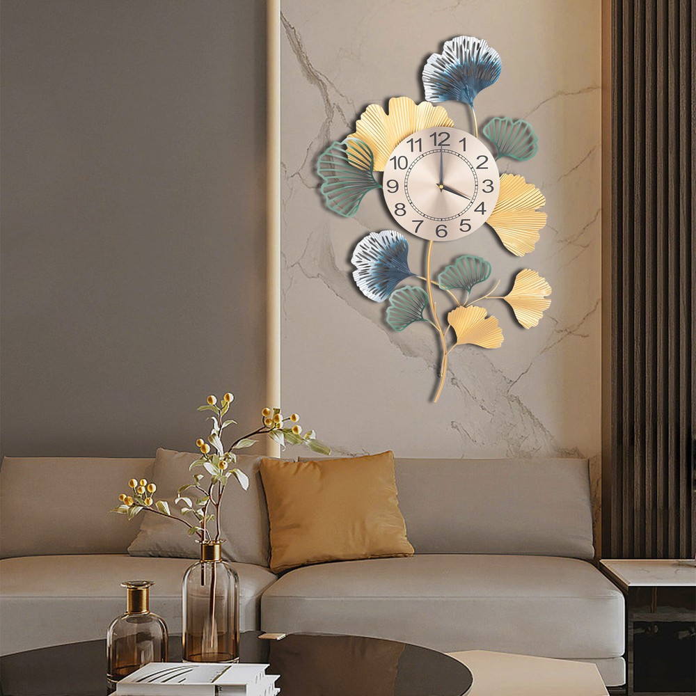 Wrought Iron Ginkgo Leaf Wall Clock for Dining Room or Cafe Decor