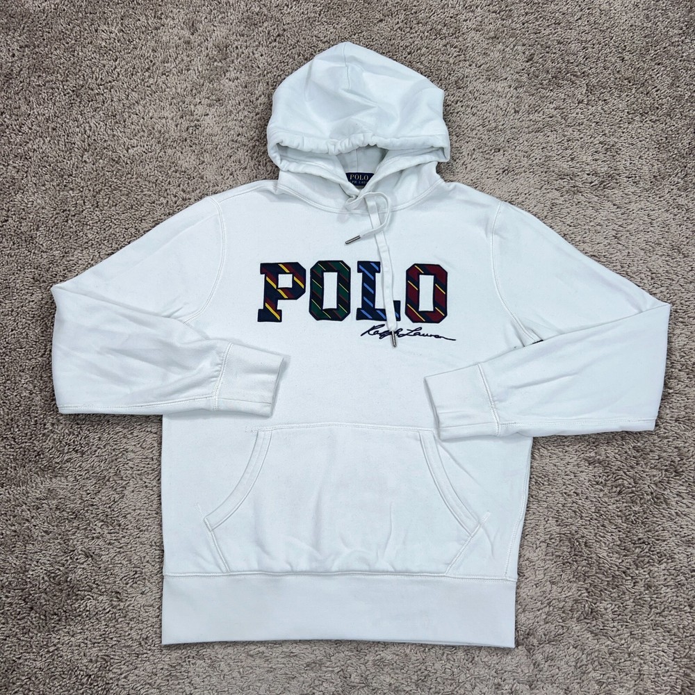 Polo Ralph Lauren Hoodie Mens Small White Striped Script Logo Fleece Pony Logo