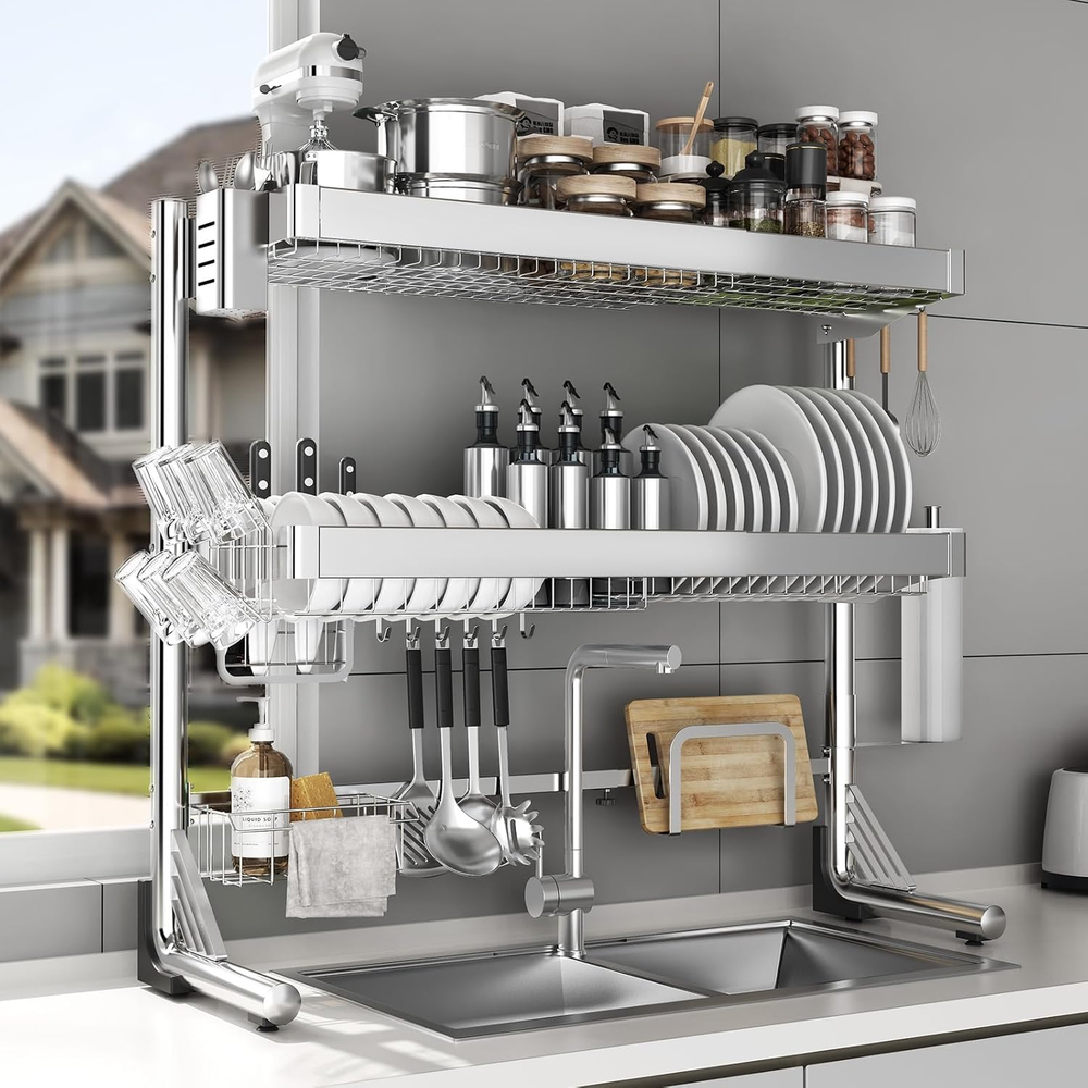 Over the Sink Dish Drainer Drying Rack 3 Tier, Full Stainless Steel Dish Drying