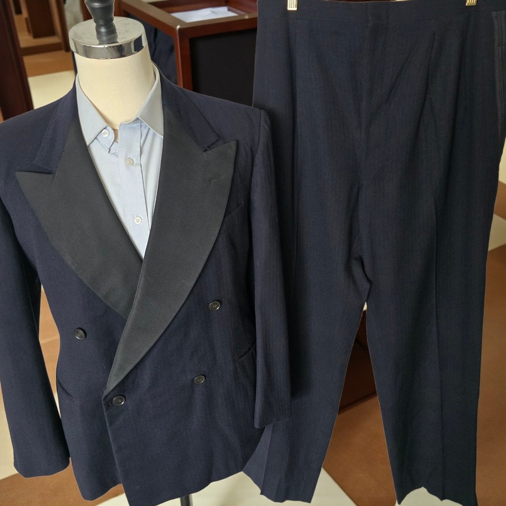 1940s Double Breasted Peak Lapel Tuxedo 44S 36x30 Full Canvas Blue Flannel Wool