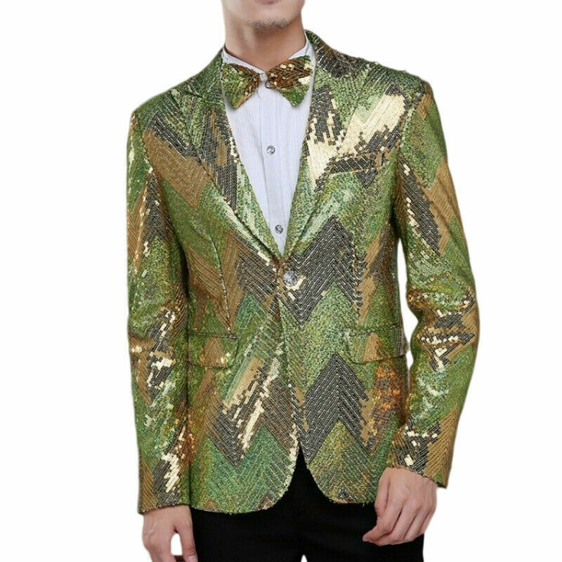 Men Suit Blazer Dress Jacket Bowtie Sequin Showman Costume Coat Fake Pocket