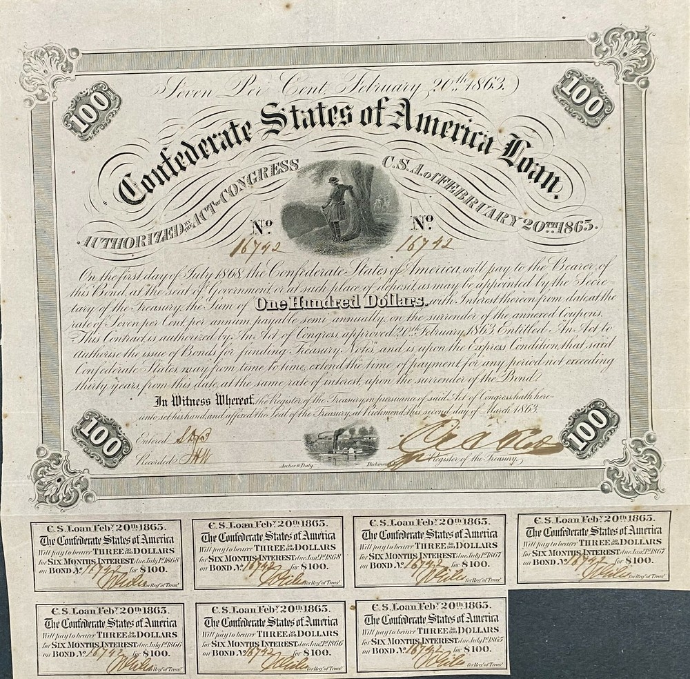 $100 Confederate States Coupon Bond Criswell 120 Ball 212 Civil War Era Collectible-image