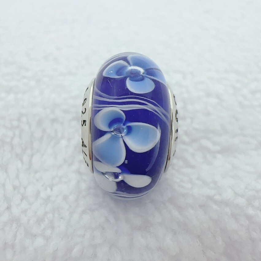 1PC 925 Silver Murano Glass Charm with Blue Flowers for European Sliding Beads