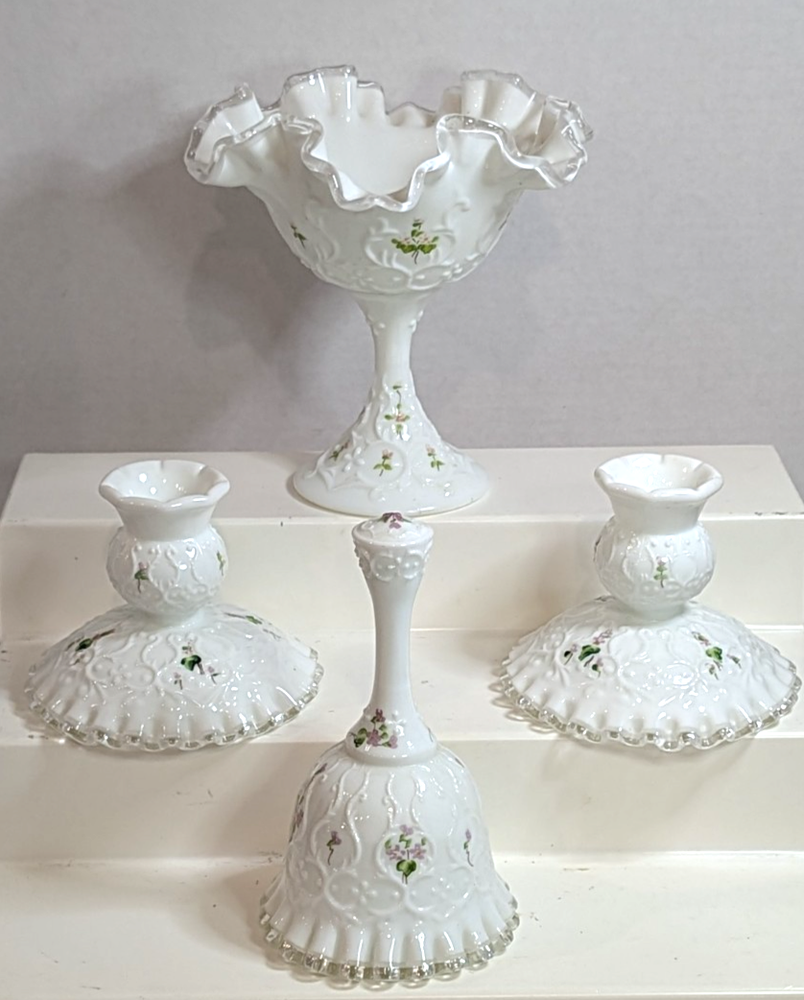 Vintage Fenton Milk Glass Footed Compote Candle holders & Bell Hand Painted