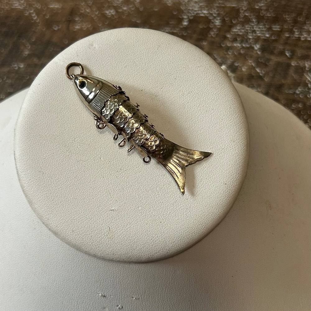 Vintage Articulated Fish Pendant Gold Wash Flexible Charm 2.25in