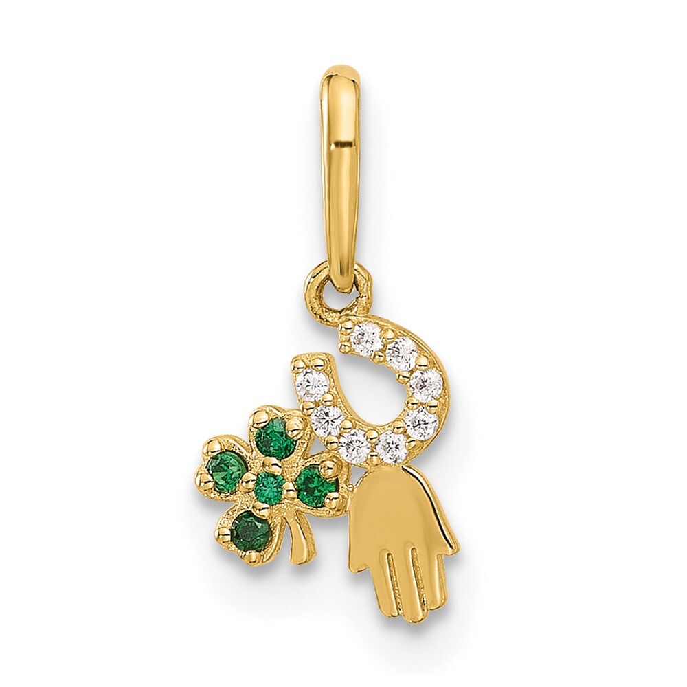 10k Yellow Gold Clover Horseshoe Hamsa Cubic Zirconia Luck Pendant 0.28gm
