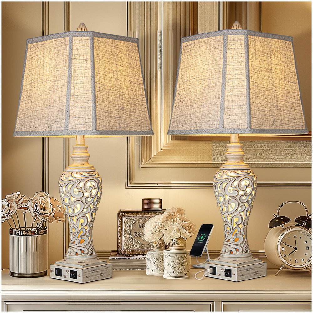 Set of 2 Fabric Shade Table Lamps for Bedroom and Living Room Decor