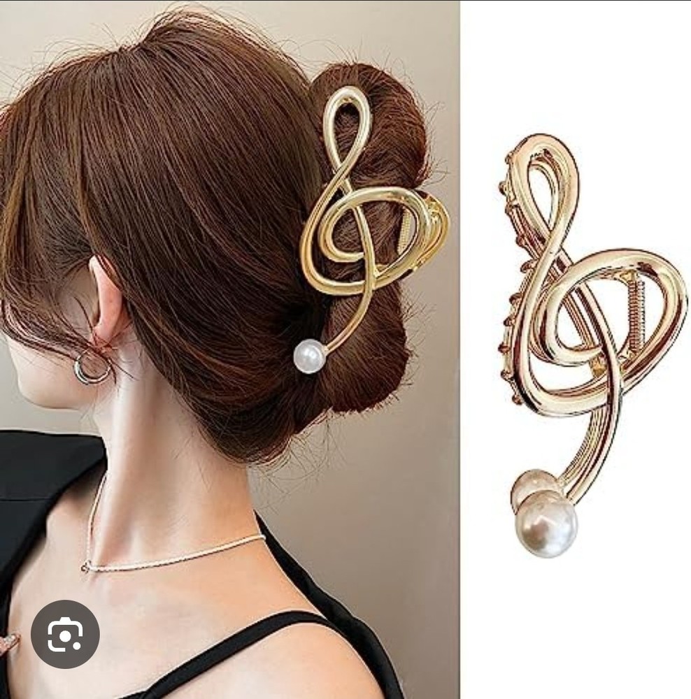 Gold Treble Clef Metal Hair Claw Clip with Pearl Accents Musical Notes BNIB