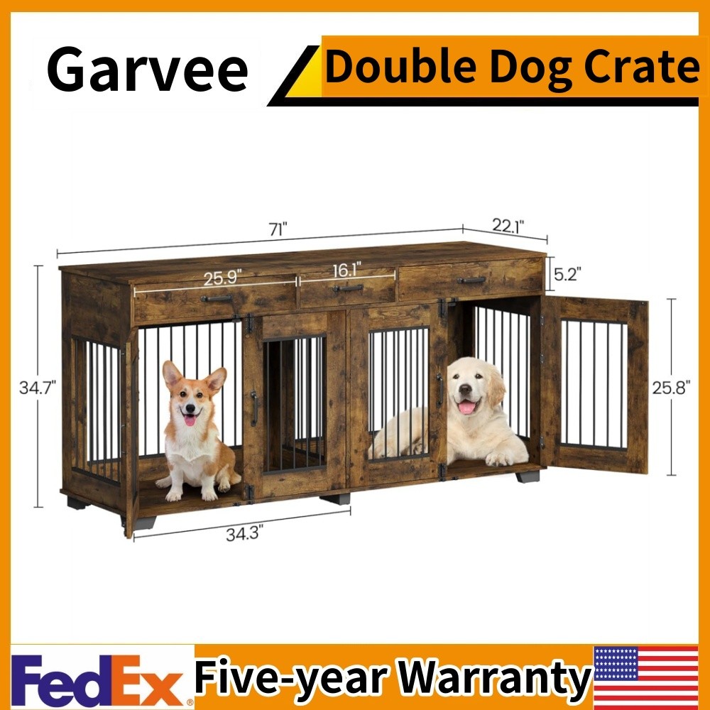 Double Dog Crate Furniture with 3 Storage Drawers Heavy Duty 71 Inch Decorative Pet House-image