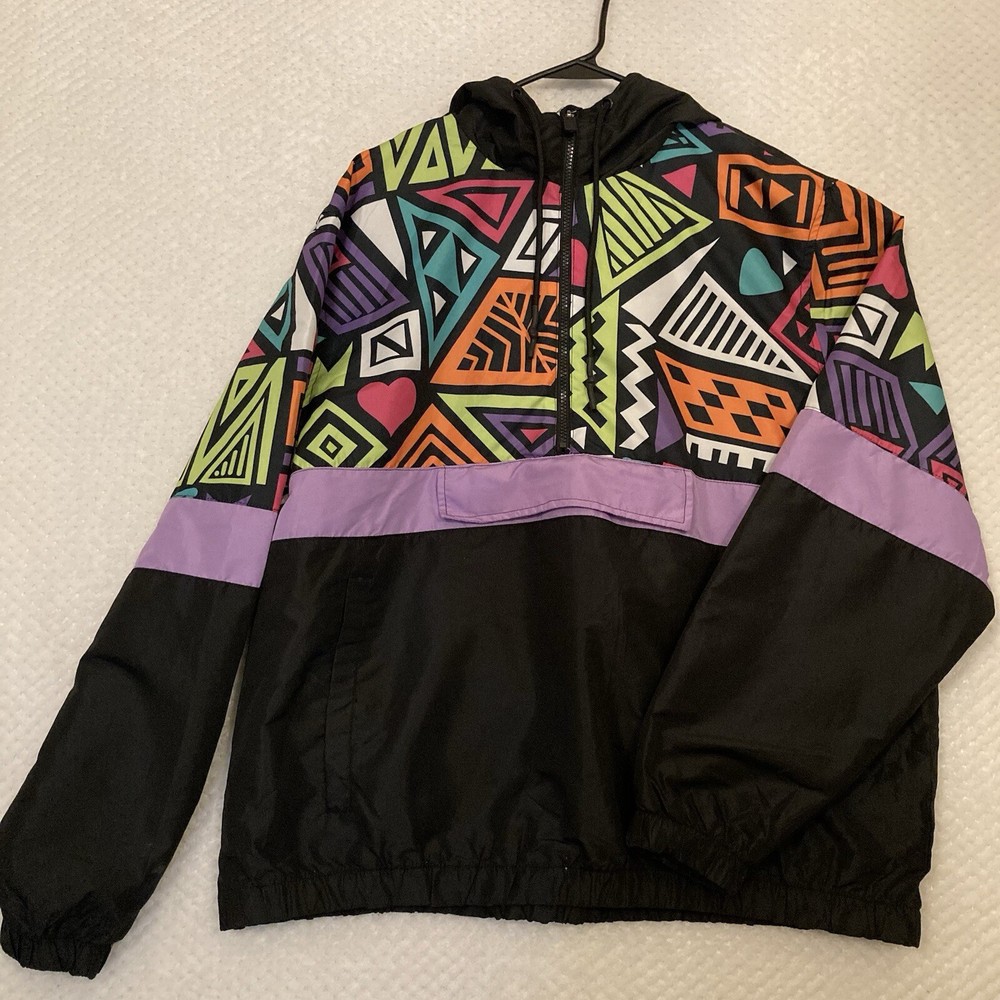GS-115 Retro 2XL Hooded Pull over Jacket Zip Geometric Print Y2K Lightweight