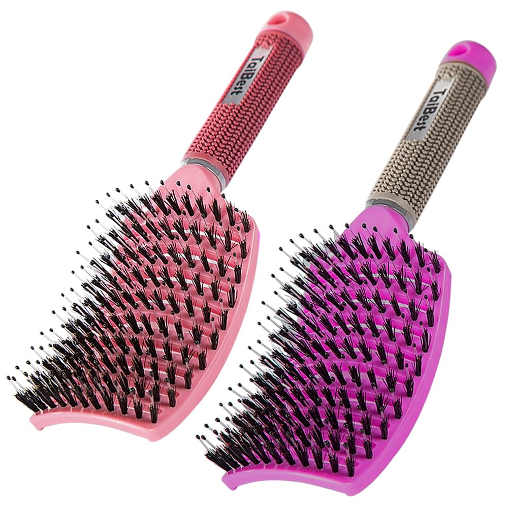 Boar Bristle Brush Set - Dry/Wet Detangler for Fine, Thick, Curly Hair - Curved