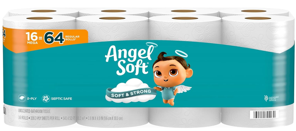 Angel Soft Toilet Paper, 16 Mega Rolls = 64 Regular Rolls, Soft and Strong To...