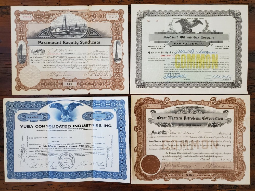 Vintage US Delaware Stock Certificates for Woodard Oil & Great Western Petroleum  