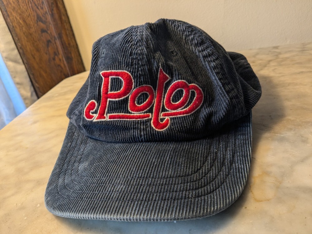 EUC Vintage POLO Ralph Lauren corduroy polo script hat Embroidered Logo Navy Red