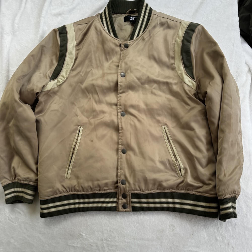 JC Jacket Mens 2XL Tan Green Varsity Bomber Satin Snap Front Striped Ribbed Trim
