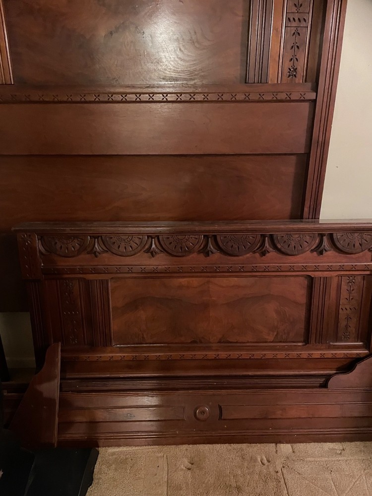 antique full size bed eastlake style with dresser with marble top and mirror