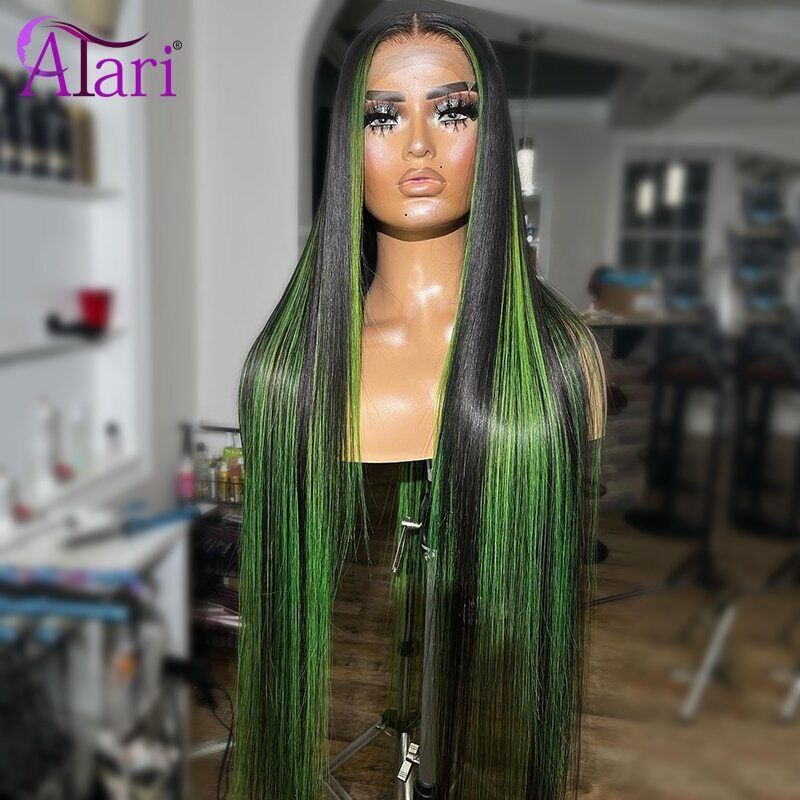 Green Highlight Straight Human Hair Lace Front Wig with 5x5 Transparent Closure