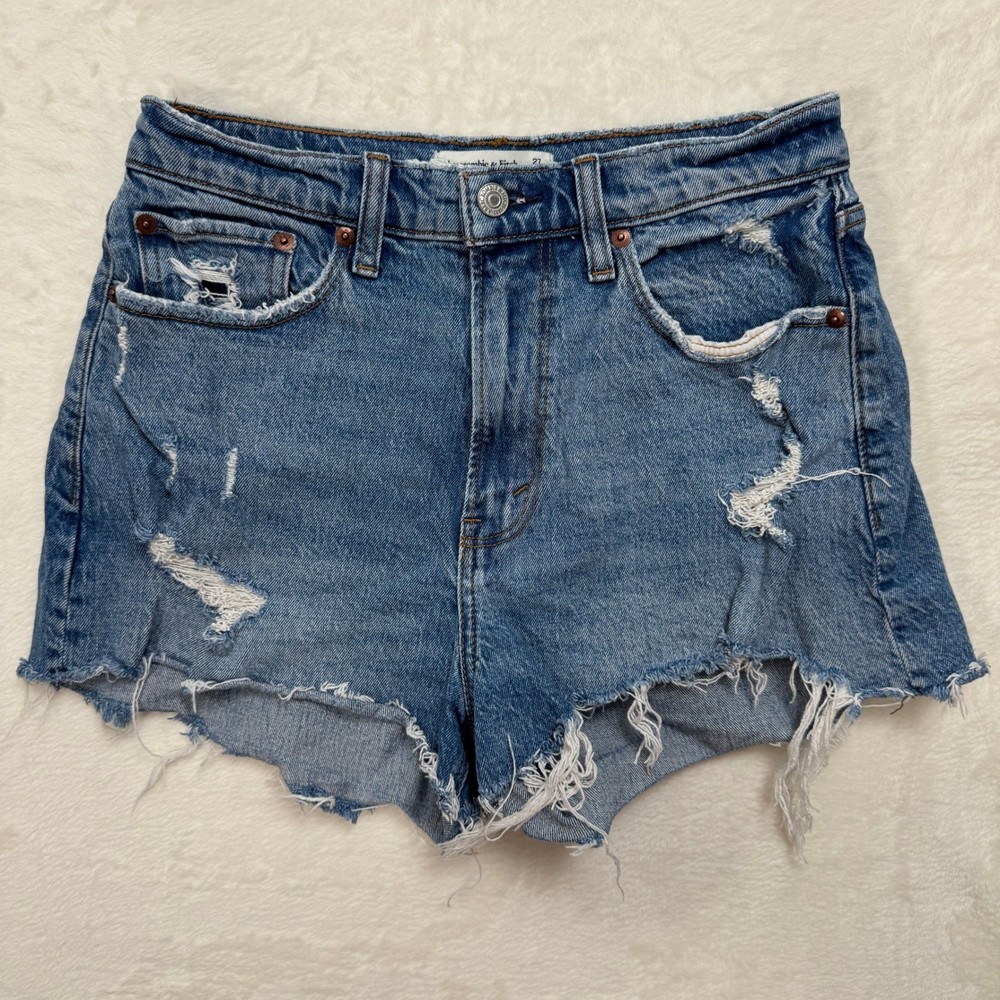 Abercrombie & Fitch Mom Short Womens 27 4 Blue Curve Love High Rise Distressed