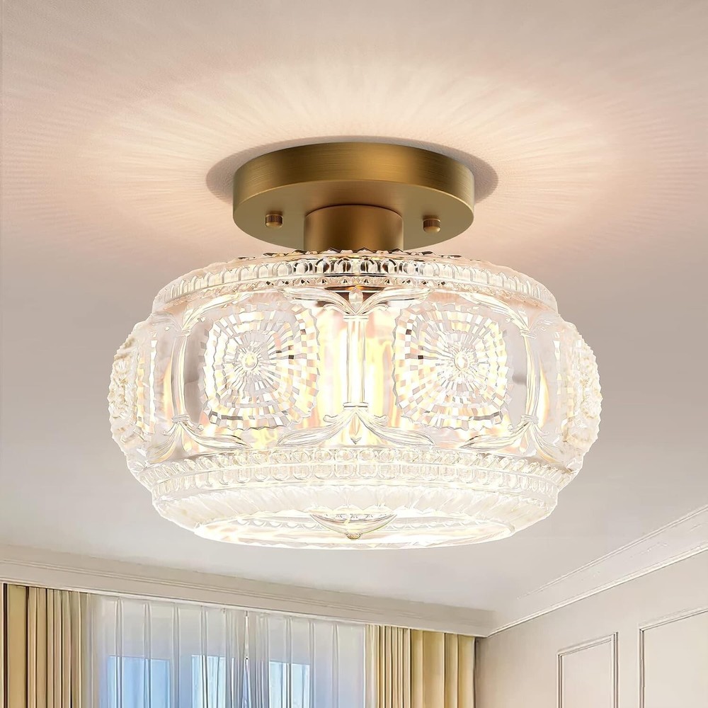 Gold Modern Semi Flush Mount Globe Glass Ceiling Light Fixture