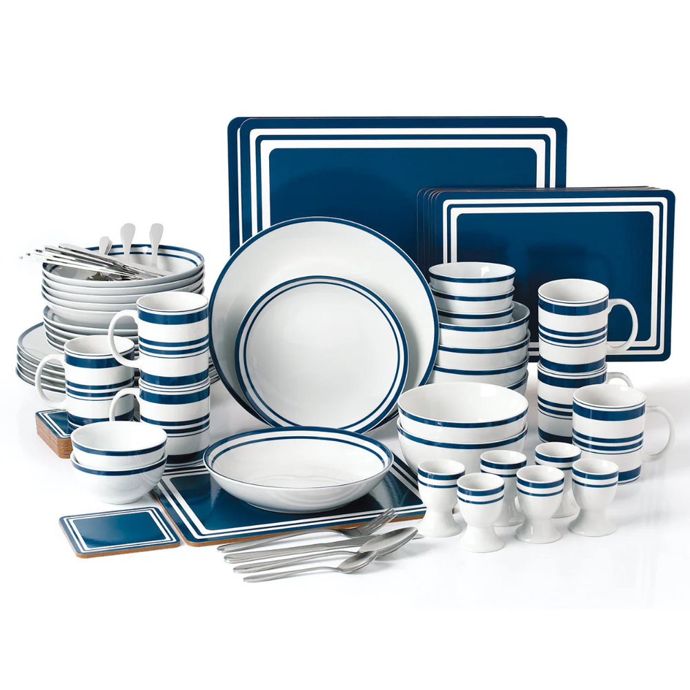 80 Piece Blue Porcelain 6 Person Dinner Set/Plates/Bowls/Mats/Mugs/Eggcups