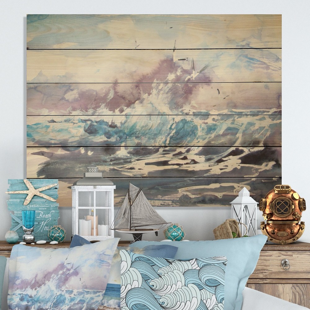 Designart 'Wave And Sea Gulls XII' Nautical & Coastal Wood