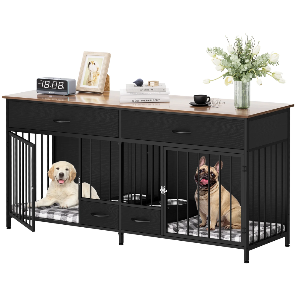 Indoor Dog Crate Furniture Large Breed with Storage&Dog Feeder, Double Dog Kenne