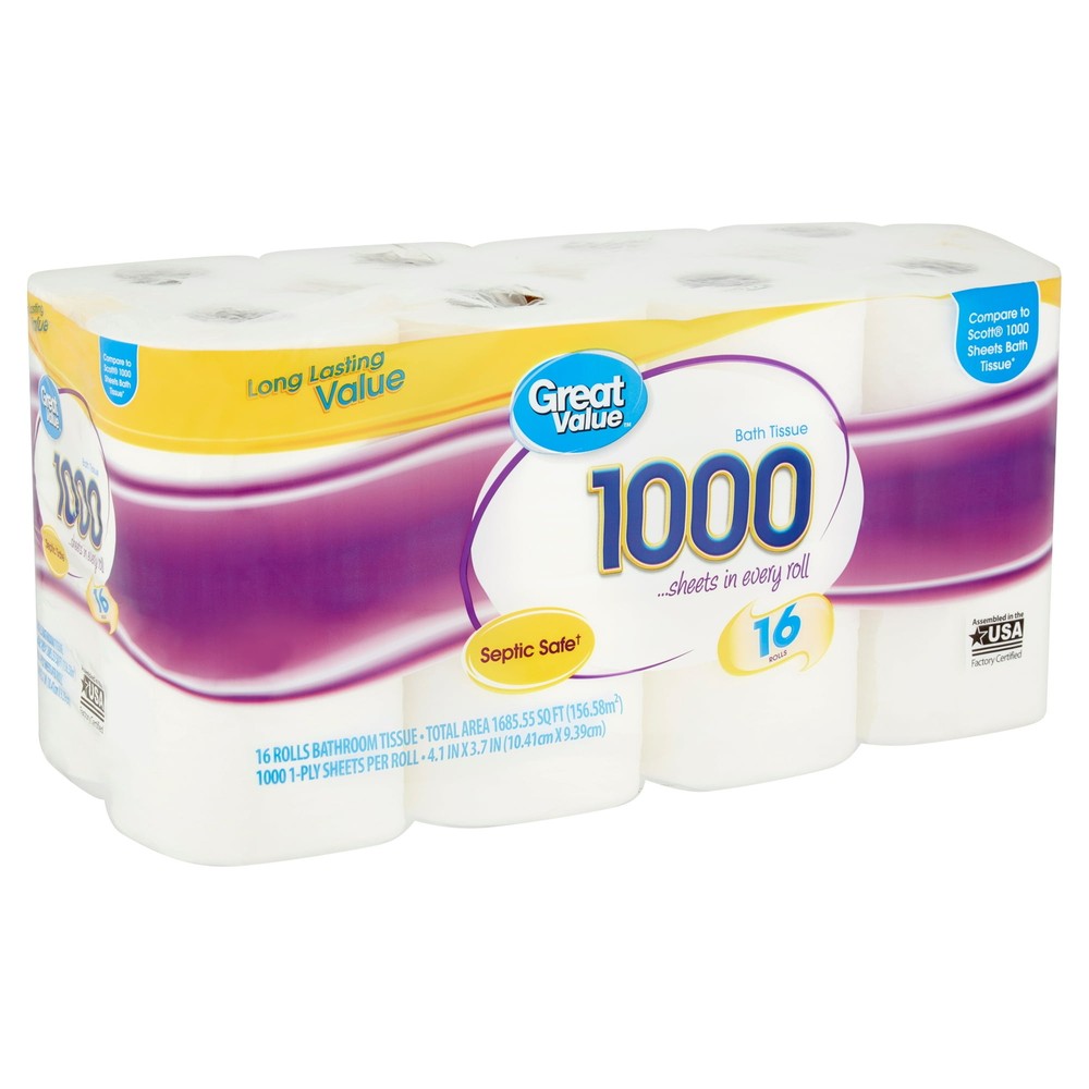 Great Value 1000 Bath Tissue 16 Rolls Ultra Soft 2-Ply