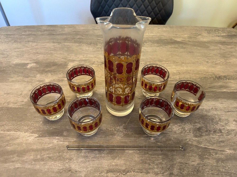 Vintage Culver Azure Cranberry Scroll Pitcher w/ 6 lowball glasses