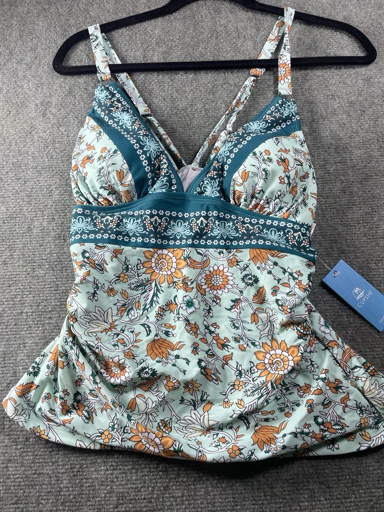 Cupshe Floral Mint Green Tankini Top Spaghetti Strap Lined Size L