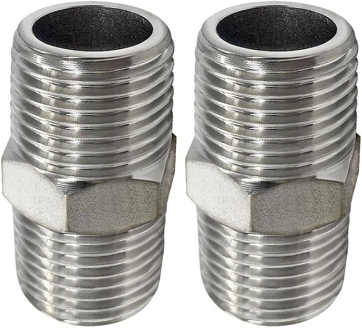 1/2 Inch Male NPT Hex Nipple Stainless Steel Pipe Fitting 2 Pack