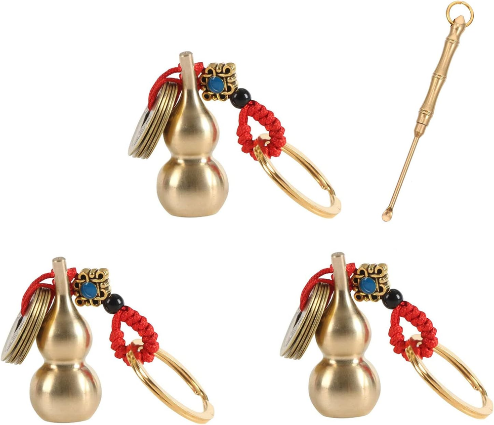 3 Pieces Chinese Gourd Brass Wu Lou Keychains with 1 Pcs Brass Ear Spoon Keychai