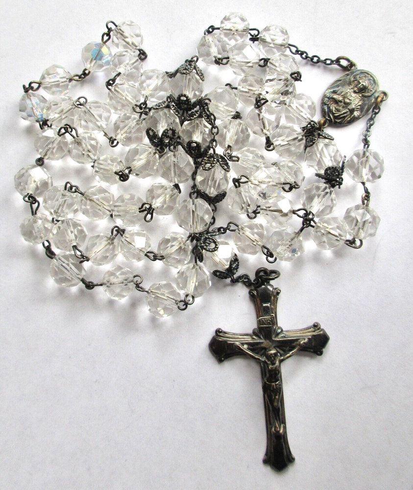 Antique Sterling Silver Crystal Beads ROSARY CRUCIFIX Necklace Length