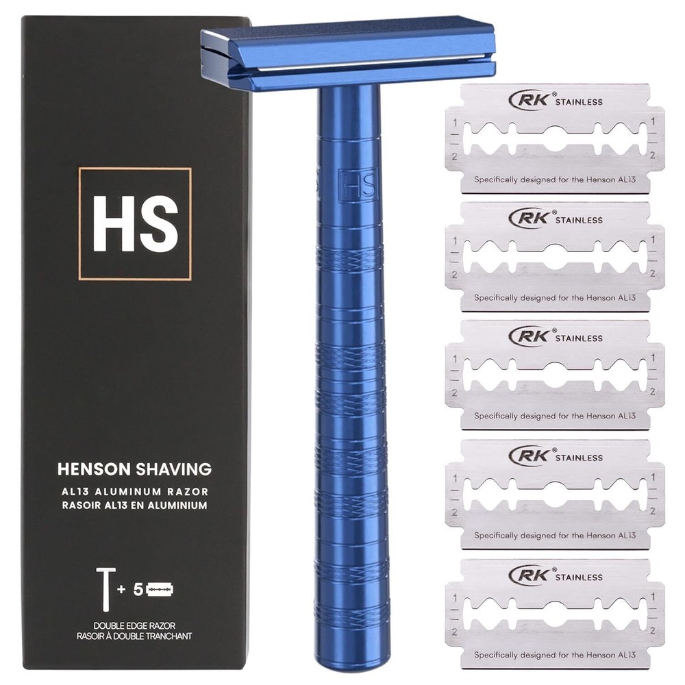 Steel Blue Double Edge Safety Razor with 5 Spare Blades - 30° Angled Precision