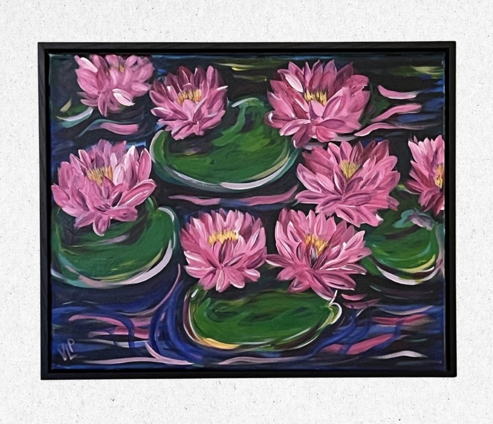 Pink Water Lilies VLP Original Art Acrylic on 16x20” Canvas w/Frame Signed w/COA