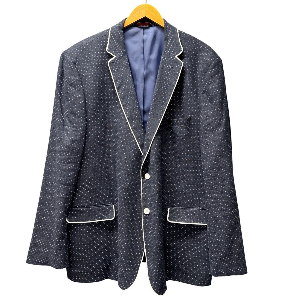Linea Uomo Blazer Linen Blend Blue White Polka Dot Coastal Mens 50 L Sport Coat