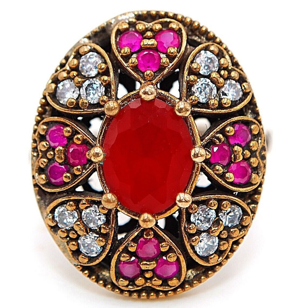 Exquisite Ottoman Empire Inspired 4CT Heat-Treated Ruby Sterling Silver Ring Size 7 with Premium H1-3 Quality
