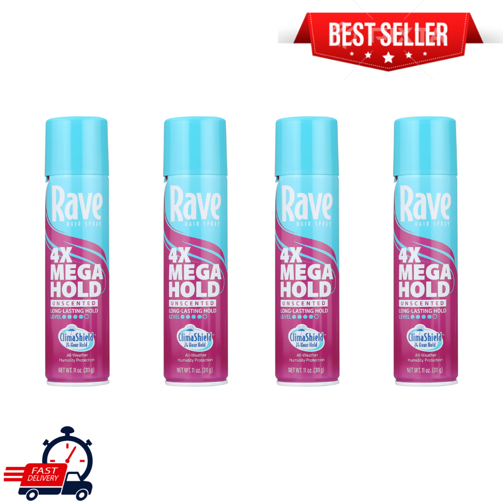 4 Pack Rave 4X Mega Hold Hair Spray, All-Weather with Vitamin-Rich Formula, 11oz