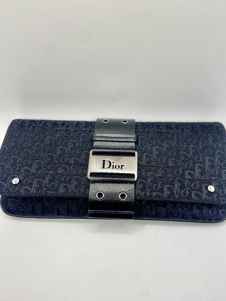 Brand New Vintage Dior Black Monogram Evening Bag, Logo & Buckle Accent