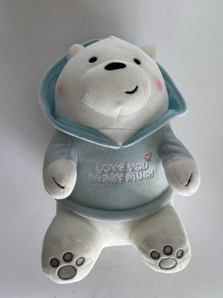 Miniso We Bare Bears Polar Plush Blue Sweatshirt Hoodie LOVE YOU BEARY MUCH 9”