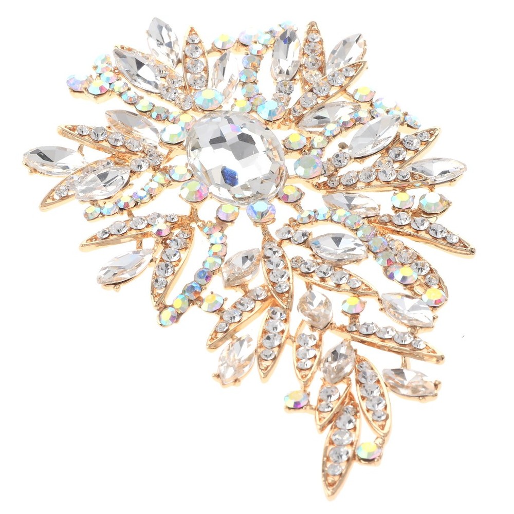 Gold Tone Alloy Metal Extra Large Crystal Flower Brooch P1573-GAB