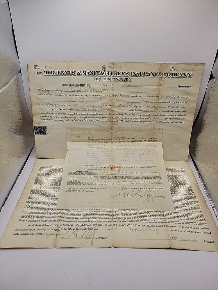 antique 1899 Merchants Manufacturers Insurance Cincinnati Certificate Signed Blu
